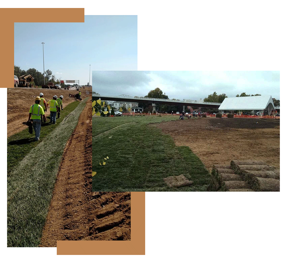 Sod being placed on a highway project in Indiana and Kentucky